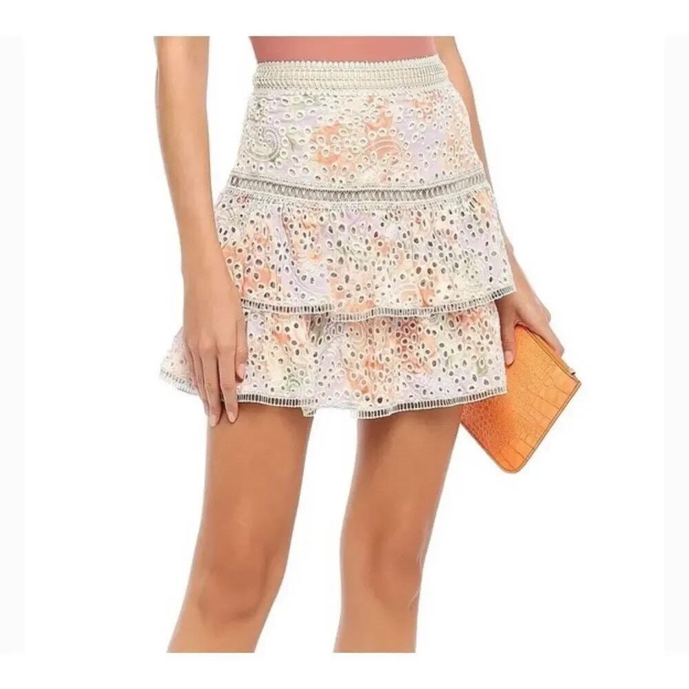 Alice + Olivia Kirsten Floral Eyelet Ruffle Mini Skirt Pastel Size 2